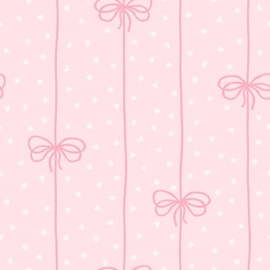 Flört fiyonkları ve kurdeleler dikey bağlanmış. Kusursuz bir şablon, puantiyeli kalplerin arka planı. Kolej karikatürü elle çizilmiş. Tekstil baskısı, bebek kıyafetleri, hatıra defteri.