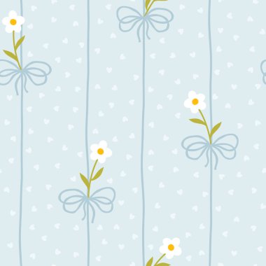 Beyaz papatyaları ve puantiyeli mavi fiyonklu şirin kawaii vektör deseni. Bebek kıyafetleri, çocuk odası dekoru, hatıra defteri, ambalaj kağıdı, tekstil, kırtasiye malzemesi için mükemmel.