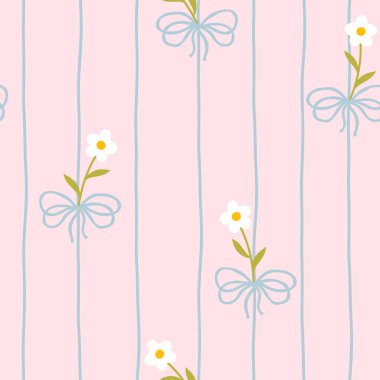 Beyaz papatyaları ve yumuşak pastel arka planda mavi fiyonkları olan sevimli kawaii vektör deseni. Bebek kıyafetleri, çocuk odası dekoru, hatıra defteri, ambalaj kağıdı, tekstil, kırtasiye malzemesi için mükemmel.