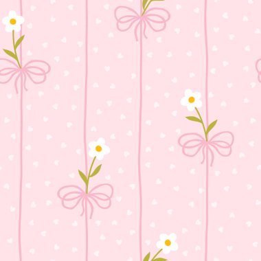 Beyaz papatyaları ve yumuşak pastel arka planda mavi fiyonkları olan sevimli kawaii vektör deseni. Bebek kıyafetleri, çocuk odası dekoru, hatıra defteri, ambalaj kağıdı, tekstil, kırtasiye malzemesi için mükemmel.