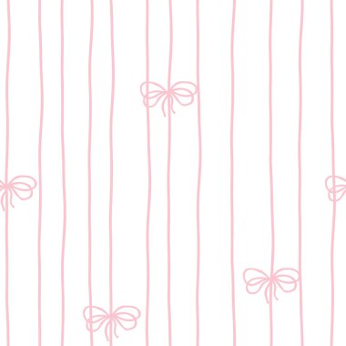 Flört fiyonkları ve kurdeleler dikey bağlanmış. Vektör kusursuz desen. Kolej karikatürü elle çizilmiş. İdeal tekstil baskısı, bebek kıyafetleri, duvar kağıdı, hatıra defteri.