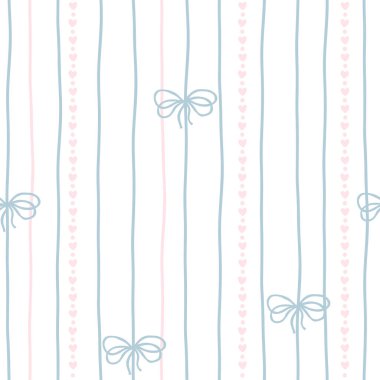 Flört fiyonkları ve kurdeleler dikey bağlanmış. Vektör kusursuz desen. Kolej karikatürü elle çizilmiş. İdeal tekstil baskısı, bebek kıyafetleri, duvar kağıdı, hatıra defteri.