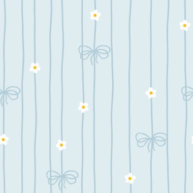 Beyaz papatyaları ve yumuşak pastel arka planda mavi fiyonkları olan sevimli kawaii vektör deseni. Bebek kıyafetleri, çocuk odası dekoru, hatıra defteri, ambalaj kağıdı, tekstil, kırtasiye malzemesi için mükemmel.