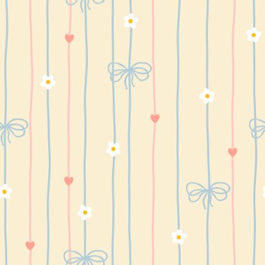 Beyaz papatyaları ve yumuşak pastel arka planda mavi fiyonkları olan sevimli kawaii vektör deseni. Bebek kıyafetleri, çocuk odası dekoru, hatıra defteri, ambalaj kağıdı, tekstil, kırtasiye malzemesi için mükemmel.