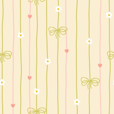 Beyaz papatyaları ve yumuşak pastel arka planda yeşil fiyonkları olan sevimli kawaii vektör deseni. Bebek kıyafetleri, çocuk odası dekoru, hatıra defteri, ambalaj kağıdı, tekstil, kırtasiye malzemesi için mükemmel.