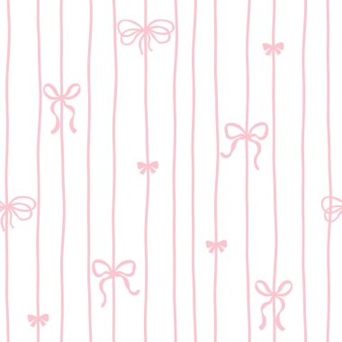 Flört fiyonkları ve kurdeleler dikey bağlanmış. Vektör kusursuz desen. Kolej karikatürü elle çizilmiş. İdeal tekstil baskısı, bebek kıyafetleri, duvar kağıdı, hatıra defteri.