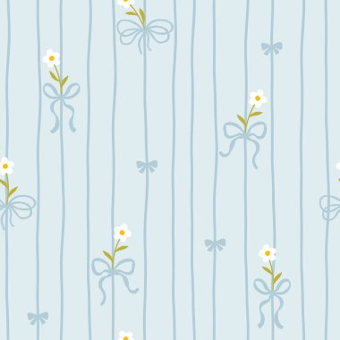 Beyaz papatyaları ve yumuşak pastel arka planda mavi fiyonkları olan sevimli kawaii vektör deseni. Bebek kıyafetleri, çocuk odası dekoru, hatıra defteri, ambalaj kağıdı, tekstil, kırtasiye malzemesi için mükemmel.