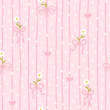 Beyaz papatyaları ve yumuşak pastel arka planda mavi fiyonkları olan sevimli kawaii vektör deseni. Bebek kıyafetleri, çocuk odası dekoru, hatıra defteri, ambalaj kağıdı, tekstil, kırtasiye malzemesi için mükemmel.