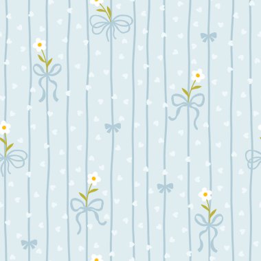 Beyaz papatyaları ve puantiyeli mavi fiyonklu şirin kawaii vektör deseni. Bebek kıyafetleri, çocuk odası dekoru, hatıra defteri, ambalaj kağıdı, tekstil, kırtasiye malzemesi için mükemmel.