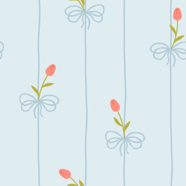 Beyaz laleli ve yumuşak pastel arka planda fiyonklu sevimli kawaii vektör deseni. Bebek kıyafetleri, çocuk odası dekoru, hatıra defteri, ambalaj kağıdı, tekstil, kırtasiye malzemesi için mükemmel.