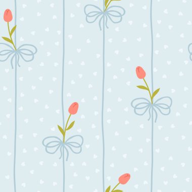 Beyaz lale ve mavi kurdeleli şirin kawaii vektör desenli polka noktalı kalplerin arka planında. Bebek kıyafetleri, çocuk odası dekoru, hatıra defteri, ambalaj kağıdı, tekstil, kırtasiye malzemesi için mükemmel.