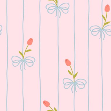 Beyaz laleli ve yumuşak pastel arka planda fiyonklu sevimli kawaii vektör deseni. Bebek kıyafetleri, çocuk odası dekoru, hatıra defteri, ambalaj kağıdı, tekstil, kırtasiye malzemesi için mükemmel.