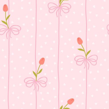 Beyaz lale ve pembe fiyonklu şirin kawaii vektör desenli polka noktalı kalpler. Bebek kıyafetleri, çocuk odası dekoru, hatıra defteri, ambalaj kağıdı, tekstil, kırtasiye malzemesi için mükemmel.