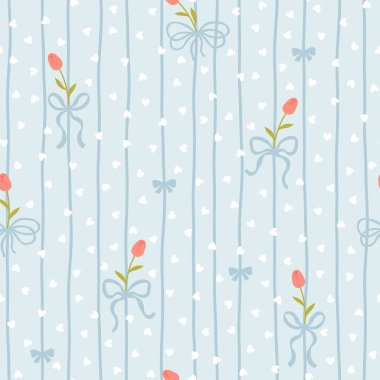 Beyaz lale ve mavi kurdeleli şirin kawaii vektör desenli polka noktalı kalplerin arka planında. Bebek kıyafetleri, çocuk odası dekoru, hatıra defteri, ambalaj kağıdı, tekstil, kırtasiye malzemesi için mükemmel.