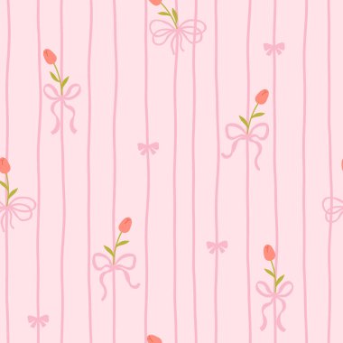 Beyaz lale ve yumuşak pastel arka planda pembe fiyonklu sevimli kawaii vektör deseni. Bebek kıyafetleri, çocuk odası dekoru, hatıra defteri, ambalaj kağıdı, tekstil, kırtasiye malzemesi için mükemmel.