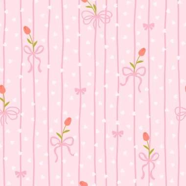 Beyaz lale ve pembe fiyonklu şirin kawaii vektör desenli polka noktalı kalpler. Bebek kıyafetleri, çocuk odası dekoru, hatıra defteri, ambalaj kağıdı, tekstil, kırtasiye malzemesi için mükemmel.