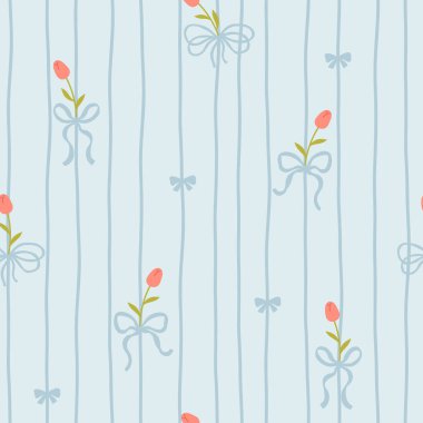 Beyaz laleli ve yumuşak pastel arka planda fiyonklu sevimli kawaii vektör deseni. Bebek kıyafetleri, çocuk odası dekoru, hatıra defteri, ambalaj kağıdı, tekstil, kırtasiye malzemesi için mükemmel.