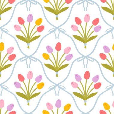 Çiçeksiz desenli, şirin lale buketleri ve yumuşak pastel arka planda net kurdelelerle bağlanmış kur yapan fiyonklar. Çocuk kıyafetleri, tekstil, kreş, kırtasiye, yapıştırma kitabı için mükemmel.