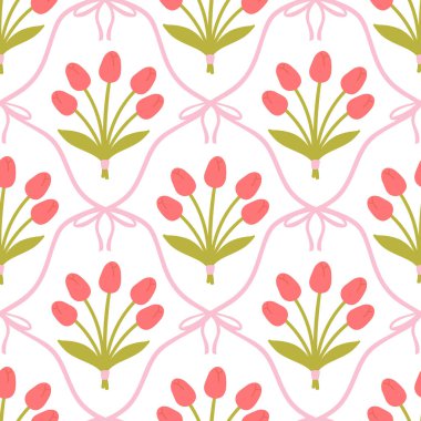 Çiçeksiz desenli, şirin lale buketleri ve yumuşak pastel arka planda net kurdelelerle bağlanmış kur yapan fiyonklar. Çocuk kıyafetleri, tekstil, kreş, kırtasiye, yapıştırma kitabı için mükemmel.