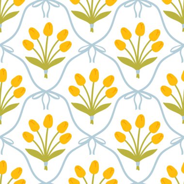 Çiçeksiz desenli, şirin lale buketleri ve yumuşak pastel arka planda net kurdelelerle bağlanmış kur yapan fiyonklar. Çocuk kıyafetleri, tekstil, kreş, kırtasiye, yapıştırma kitabı için mükemmel.