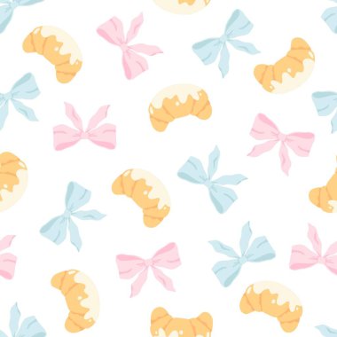 Pembe yay ve kusursuz vektör desenli flörtlü kruvasan. Moda dekorasyonlu sevimli çizgi film kızartılmış pastası. Çocuk kıyafetleri, bebek odası duvar kâğıdı, kırtasiye ve tatlı pastel tarzı tekstil ürünleri için mükemmel.