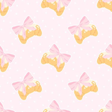 Pembe yay ve kusursuz vektör desenli flörtlü kruvasan. Moda dekorasyonlu sevimli çizgi film kızartılmış pastası. Çocuk kıyafetleri, bebek odası duvar kâğıdı, kırtasiye ve tatlı pastel tarzı tekstil ürünleri için mükemmel.