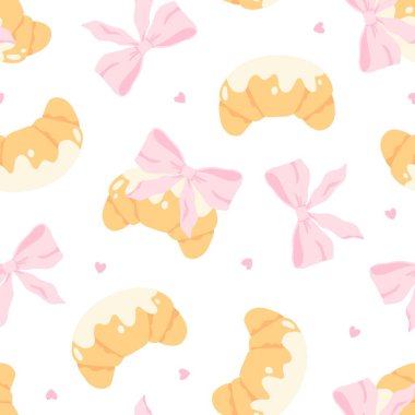 Pembe yay ve kusursuz vektör desenli flörtlü kruvasan. Moda dekorasyonlu sevimli çizgi film kızartılmış pastası. Çocuk kıyafetleri, bebek odası duvar kâğıdı, kırtasiye ve tatlı pastel tarzı tekstil ürünleri için mükemmel.