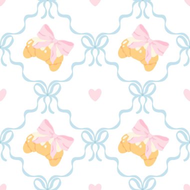 Cilveli, kruvasan, pembe fiyonk, mavi kurdele kafesi ve kalpleri olan kusursuz vektör deseni. Paketleme, tekstil, kırtasiye, hediye paketi ve romantik tasarımlar için mükemmel.