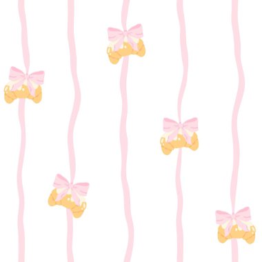 Dikey dikişlere asılı yay ile flörtlü kruvasan. Moda dekorasyonlu şirin çizgi film pastası. Çocuk kıyafetleri, bebek odası duvar kağıtları, tatlı pastel renkli tekstil.