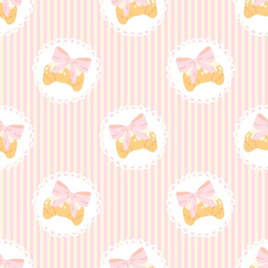 Kawaii ayçörekleriyle kusursuz vektör deseni, fiyonklu ve pembe dikey çizgili. Bebek kıyafetleri, kırtasiye malzemeleri, şirin hediye paketi ve pastel kreş tekstili için mükemmel.