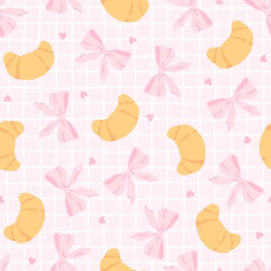 Pembe yay ve kusursuz vektör desenli flörtlü kruvasan. Moda dekorasyonlu sevimli çizgi film kızartılmış pastası. Çocuk kıyafetleri, bebek odası duvar kâğıdı, kırtasiye ve tatlı pastel tarzı tekstil ürünleri için mükemmel.