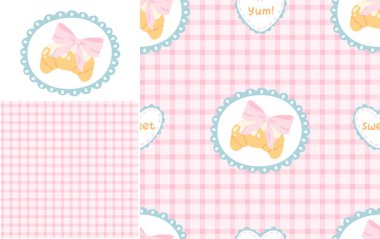 Pembe gingham arka planda ve mavi fırfırlı çerçevelerde flört eden ayçöreklerini gösteren kusursuz vektör deseni. Kız kırtasiyesi, tekstil, çocuk odası dekorasyonu ve hoş hatıra defteri tasarımları için mükemmel.