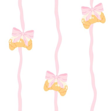 Dikey dikişlerde asılı pembe yay ile flörtlü kruvasan. Moda dekorasyonlu şirin çizgi film pastası. Çocuk kıyafetleri, bebek odası duvar kağıtları, tatlı pastel renkli tekstil.