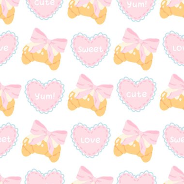 Pembe yay ve kusursuz vektör desenli flörtlü kruvasan. Moda dekorasyonlu sevimli çizgi film kızartılmış pastası. Çocuk kıyafetleri, bebek odası duvar kâğıdı, kırtasiye ve tatlı pastel tarzı tekstil ürünleri için mükemmel.