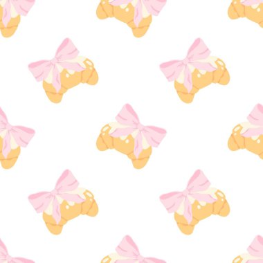 Pembe yay ve kusursuz vektör desenli flörtlü kruvasan. Moda dekorasyonlu sevimli çizgi film kızartılmış pastası. Çocuk kıyafetleri, bebek odası duvar kâğıdı, kırtasiye ve tatlı pastel tarzı tekstil ürünleri için mükemmel.