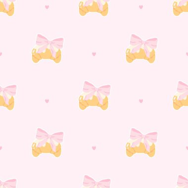 Pembe yay ve kusursuz vektör desenli flörtlü kruvasan. Moda dekorasyonlu sevimli çizgi film kızartılmış pastası. Çocuk kıyafetleri, bebek odası duvar kâğıdı, kırtasiye ve tatlı pastel tarzı tekstil ürünleri için mükemmel.