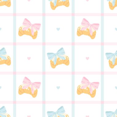 Kruvasan, pembe ve mavi fiyonklu kusursuz vektör deseni, küçük kalpler ve yumuşak kareli ızgara. Bebek kumaşı, kırtasiye malzemeleri, hediye paketi, çocuk kıyafetleri ve kawaii temalı ambalaj için mükemmel.