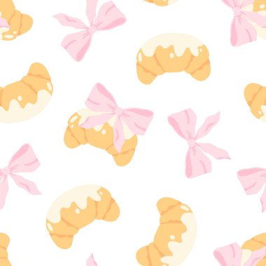 Pembe yay ve kusursuz vektör desenli flörtlü kruvasan. Moda dekorasyonlu sevimli çizgi film kızartılmış pastası. Çocuk kıyafetleri, bebek odası duvar kâğıdı, kırtasiye ve tatlı pastel tarzı tekstil ürünleri için mükemmel.