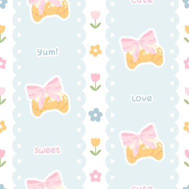Ayçöreği, pastel çiçekleri, taraklı şeritleri olan kusursuz vektör deseni ve leziz, tatlı, sevgi ve tatlı gibi şakacı kelimeler. Bebek kumaşı, ambalaj ve çocuk kırtasiyesi için mükemmel.