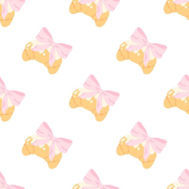 Pembe yay ve kusursuz vektör desenli flörtlü kruvasan. Moda dekorasyonlu sevimli çizgi film kızartılmış pastası. Çocuk kıyafetleri, bebek odası duvar kâğıdı, kırtasiye ve tatlı pastel tarzı tekstil ürünleri için mükemmel.