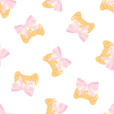 Pembe yay ve kusursuz vektör desenli flörtlü kruvasan. Moda dekorasyonlu sevimli çizgi film kızartılmış pastası. Çocuk kıyafetleri, bebek odası duvar kâğıdı, kırtasiye ve tatlı pastel tarzı tekstil ürünleri için mükemmel.