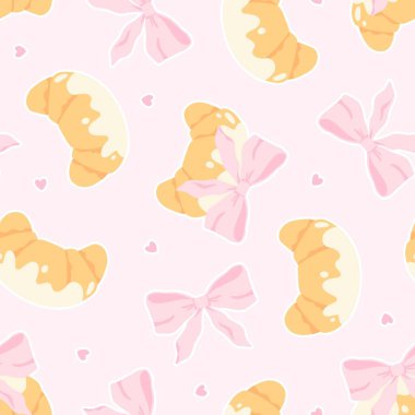 Pembe yay ve kusursuz vektör desenli flörtlü kruvasan. Moda dekorasyonlu sevimli çizgi film kızartılmış pastası. Çocuk kıyafetleri, bebek odası duvar kâğıdı, kırtasiye ve tatlı pastel tarzı tekstil ürünleri için mükemmel.