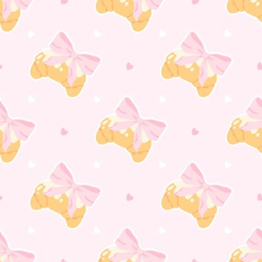 Pembe yay ve kusursuz vektör desenli flörtlü kruvasan. Moda dekorasyonlu sevimli çizgi film kızartılmış pastası. Çocuk kıyafetleri, bebek odası duvar kâğıdı, kırtasiye ve tatlı pastel tarzı tekstil ürünleri için mükemmel.
