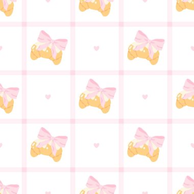 Kruvasan, pembe yaylar, küçük kalpler ve yumuşak kareli ızgaralı kusursuz vektör deseni. Bebek kumaşı, kırtasiye malzemeleri, hediye paketi, çocuk kıyafetleri ve kawaii temalı ambalaj için mükemmel.