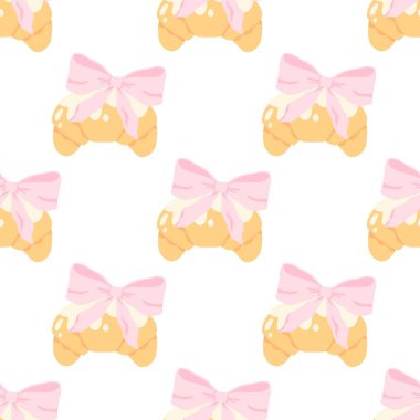 Pembe yay ve kusursuz vektör desenli flörtlü kruvasan. Moda dekorasyonlu sevimli çizgi film kızartılmış pastası. Çocuk kıyafetleri, bebek odası duvar kâğıdı, kırtasiye ve tatlı pastel tarzı tekstil ürünleri için mükemmel.