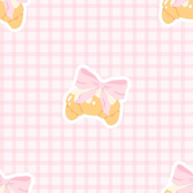 Pembe gingham arka planında fiyonklu flörtlü kruvasanlar olan kusursuz bir vektör deseni. Kız kırtasiyesi, tekstil, çocuk odası dekorasyonu ve hoş hatıra defteri tasarımları için mükemmel.