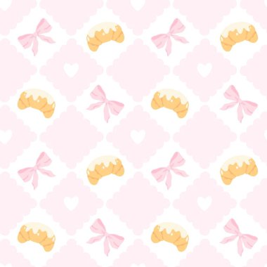 Kruvasan, pembe fiyonk ve içinde kalpler olan istiridye desenli kusursuz vektör deseni. Bebek kumaşı, kız kâğıdı, ambalaj kağıdı, bebek odası, ambalaj, tekstil tasarımı için mükemmel.