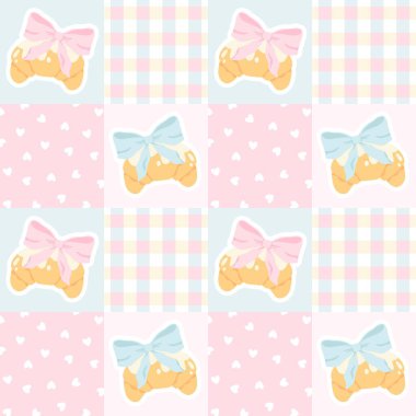 Kawaii flört kruvasanları, pastel kalpler ve gingham bloklarıyla kusursuz vektör yama deseni. Bebek kıyafetleri, kırtasiye malzemeleri, kreş kumaşı ve tatlı temalı ürün tasarımı için mükemmel.