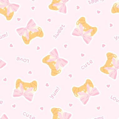 Pembe yay ve kusursuz vektör desenli flörtlü kruvasan. Moda dekorasyonlu sevimli çizgi film kızartılmış pastası. Çocuk kıyafetleri, bebek odası duvar kâğıdı, kırtasiye ve tatlı pastel tarzı tekstil ürünleri için mükemmel.