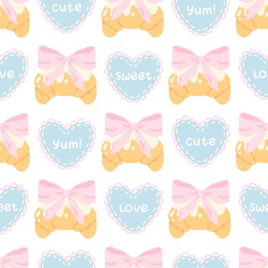 Kruvasan, pembe fiyonk ve aşk sözcükleriyle dikilmiş şeker kalpleriyle kusursuz vektör deseni. Sevgililer Günü ambalajı, kumaş, kırtasiye malzemeleri ve tatlı mevsimlik ambalajlar için mükemmel.